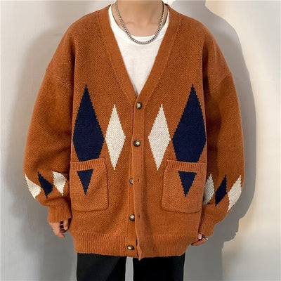 Retro Diamond Lattice Cardigan Sweater Lazy High-grade Men's Coat