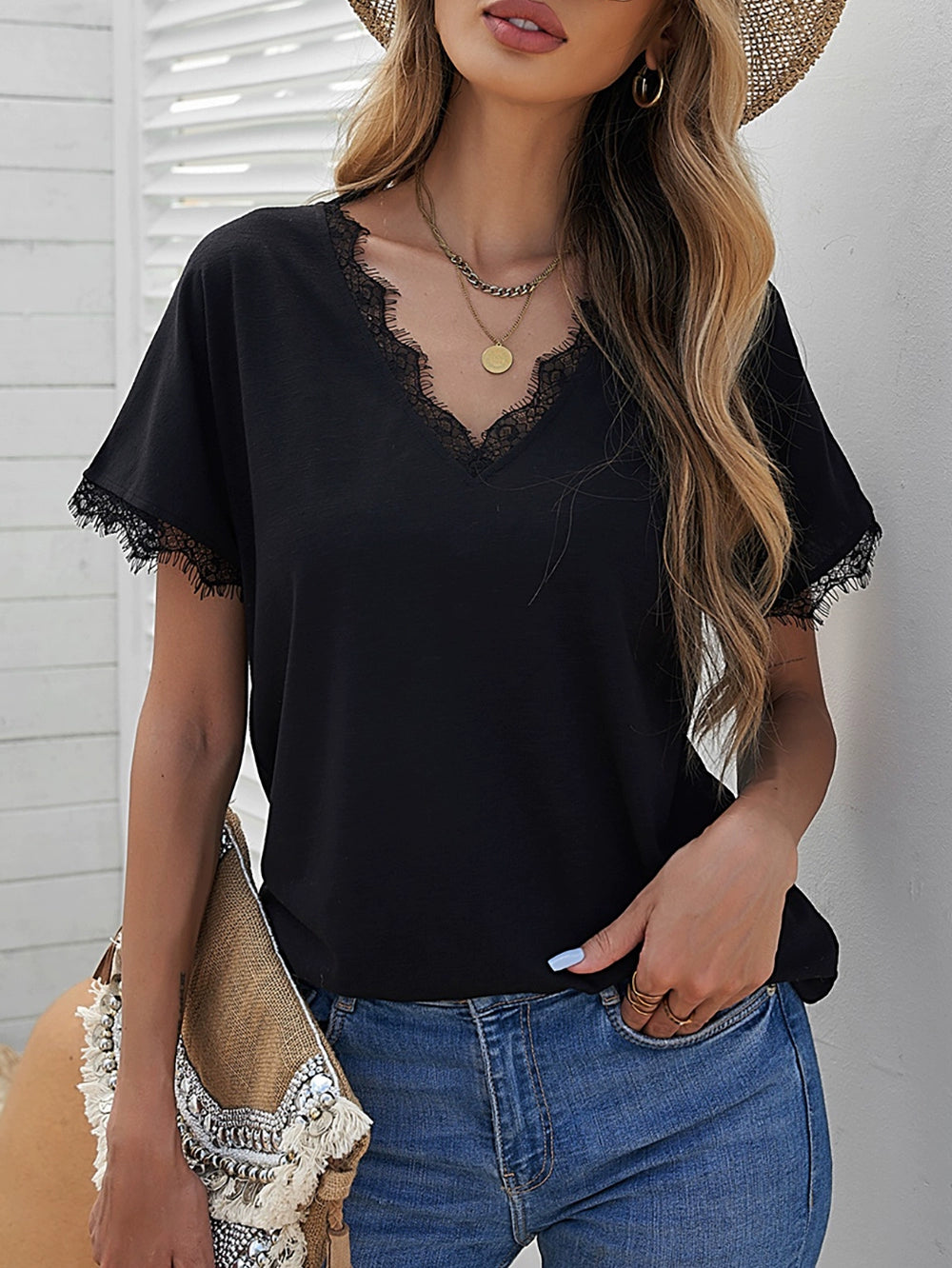 V Neck T-shirt European and American Leisure Thin Half Sleeve Pullover Lace