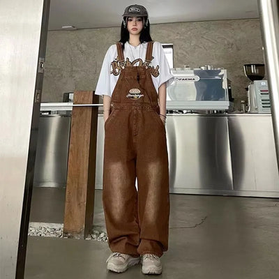 Spring Women Denim Overalls Brown Straight Long Wide Leg Jumpsuits 2023 Korean Streetwear Loose Summer Women Thin Denim Jumpsuit