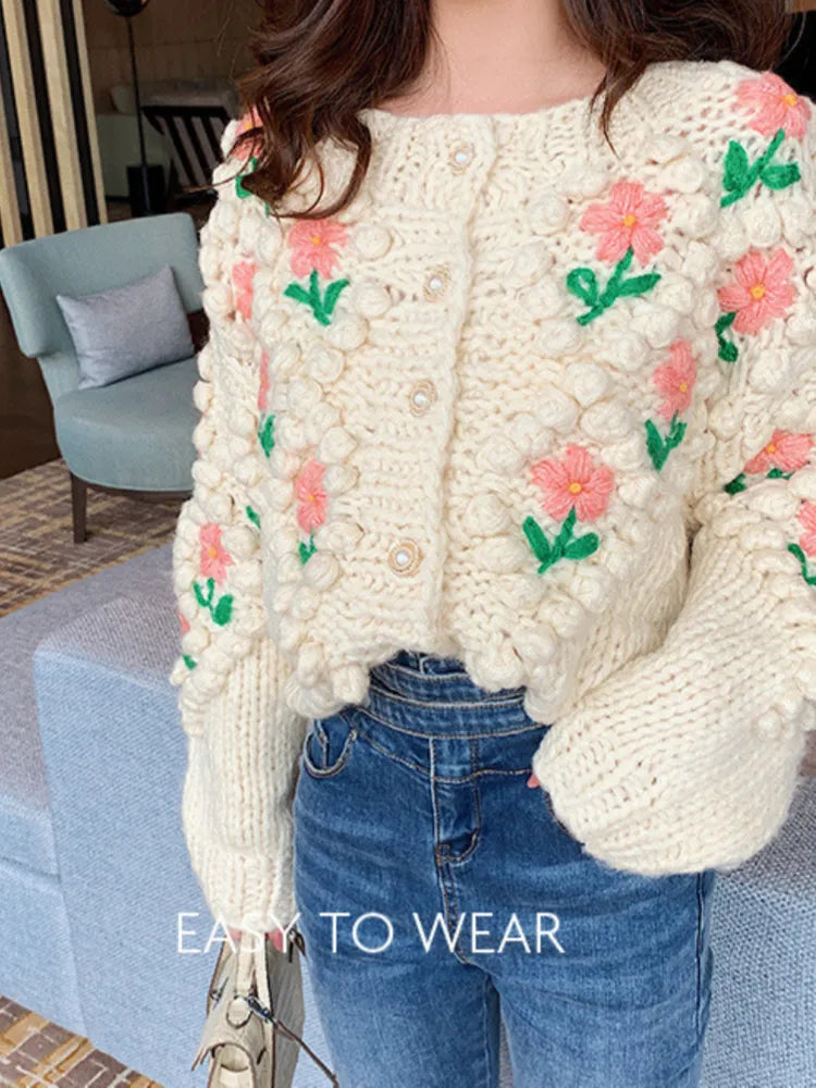 H.SA 2022 New Women Winter Handmade Sweater And Cardigans Floral Embroidery Hollow Out Chic Knit Jacket Pearl Beading Cardigans