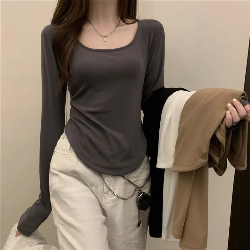 Autumn Korean Fashion Y2K T-shirt Woman Japanese Long Sleeve O-Neck Tee Shirt Women Vintage Sexy Corset Casual Crop Top Clothes