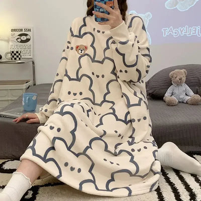 Women Sleep Dress Female Fleece Sleepwear Cute Print Long Nightgown Cartoon Pajama 2023 Winter Lady Plus Size Clothing Casual