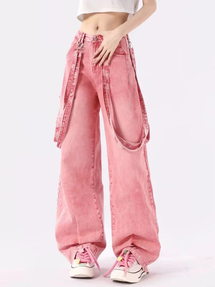 ADAgirl Pink Y2K Cargo Jeans Women Harajuku Oversize Vintage Belt Wide Leg Causal Denim Trousers Hip Hop Korean Straight Pants