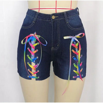 Plus Size Sexy White Blue Hollow Out Denim Shorts 4XL Summer Women High Waist Ripped Tassel Short Jeans Lace Up Bandage Hotpants