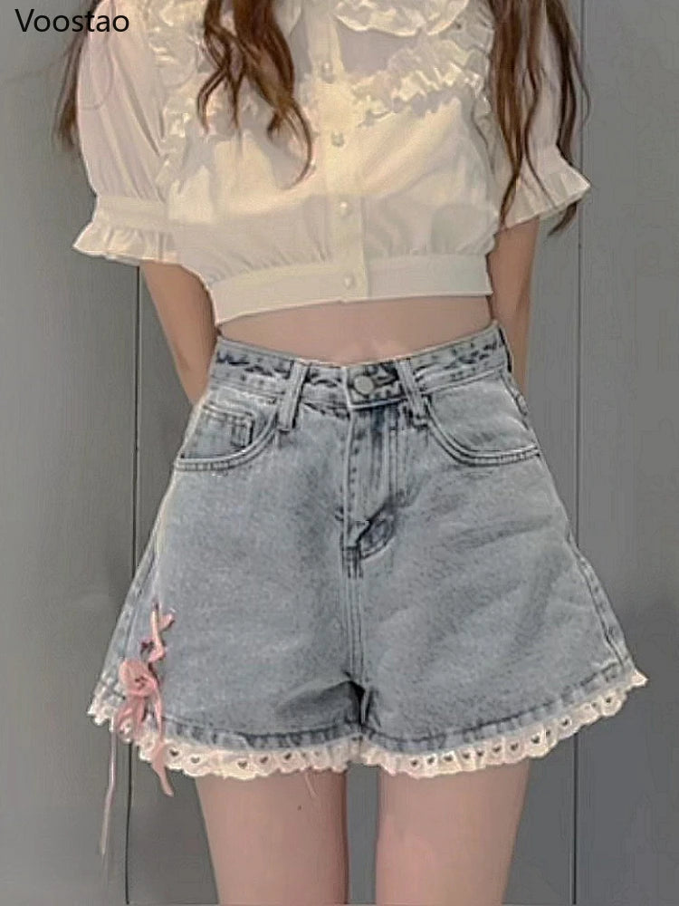 Sweet Denim Shorts Summer Women Casual Lace Bow Bandage Short Pants Streetwear Chic Shorts Girly High Waist Loose Wide Leg Pants