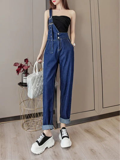 Single-shoulder Strap Jeans Jumpsuit Women Korean Fashion Pocket Blue Rompers Female Niche Demin Streetwear Overall Clothes Y2k