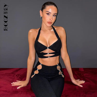 BoozRey Fashion Sexy Black Halter Neck Hollow Out Long Sleeve Backless Single-breasted Crop Top Streetwear Short Tops for Women