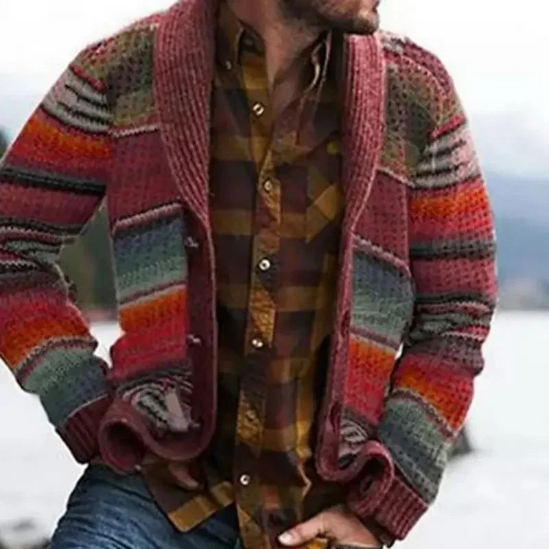 Vintage Sweater Men's Knitwear Autumn Color Block Rainbow Striped Sweater Tops Men Cardigans 2022 Fall Casual Knitted Cardigan