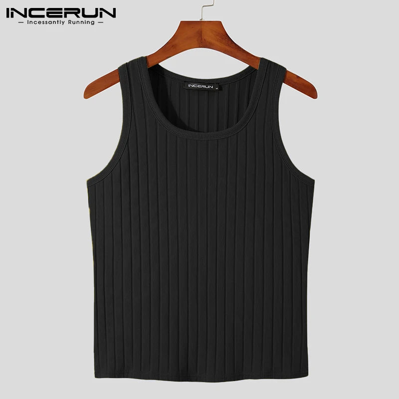 INCERUN Korean Style Tops 2023 New Men's Fashion Knit Stretch Vests Stylish Male Solid Color COmfortable Summer Tank Tops S-5XL