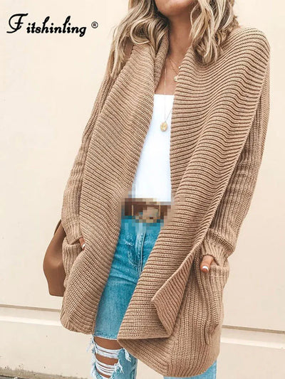 Fitshinling Fashion Winter Cardigan Female Jacket Outerwear Bohemian Pockets Knitted Sweater Long Cardigans Women Clothing Khaki