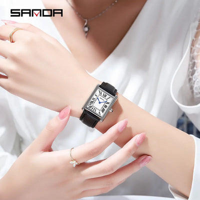 SANDA Men Women Rectangular Quartz Wrist Watches for Casual Ladies Stainless Watches Luxury Leather Lovers Gift Box Clock