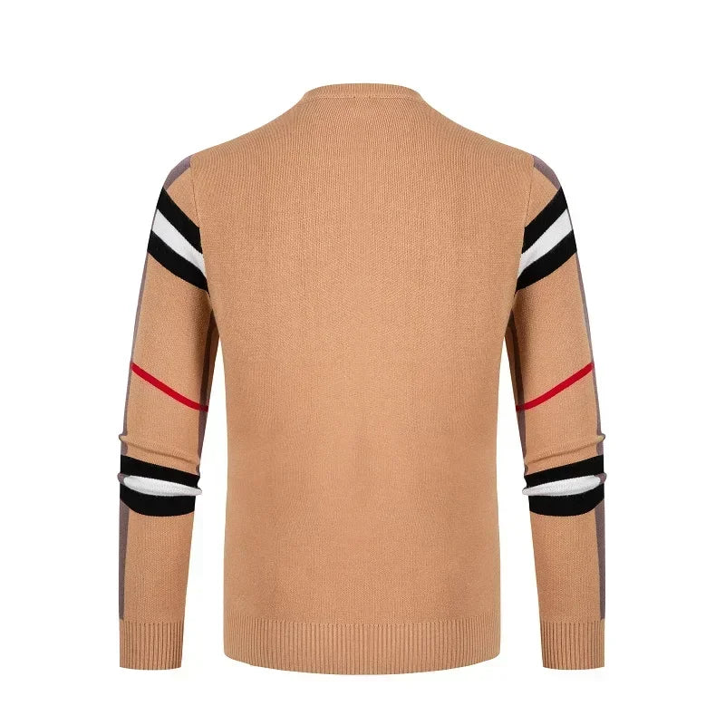 Men's Sweater Knitted Pullover 2023 Autumn/Winter New Soft Warm Striped Checker Round Neck Sweater Casual Fashion Men Clothing