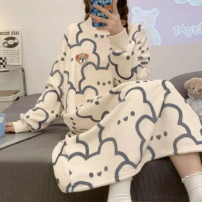 Women Sleep Dress Female Fleece Sleepwear Cute Print Long Nightgown Cartoon Pajama 2023 Winter Lady Plus Size Clothing Casual