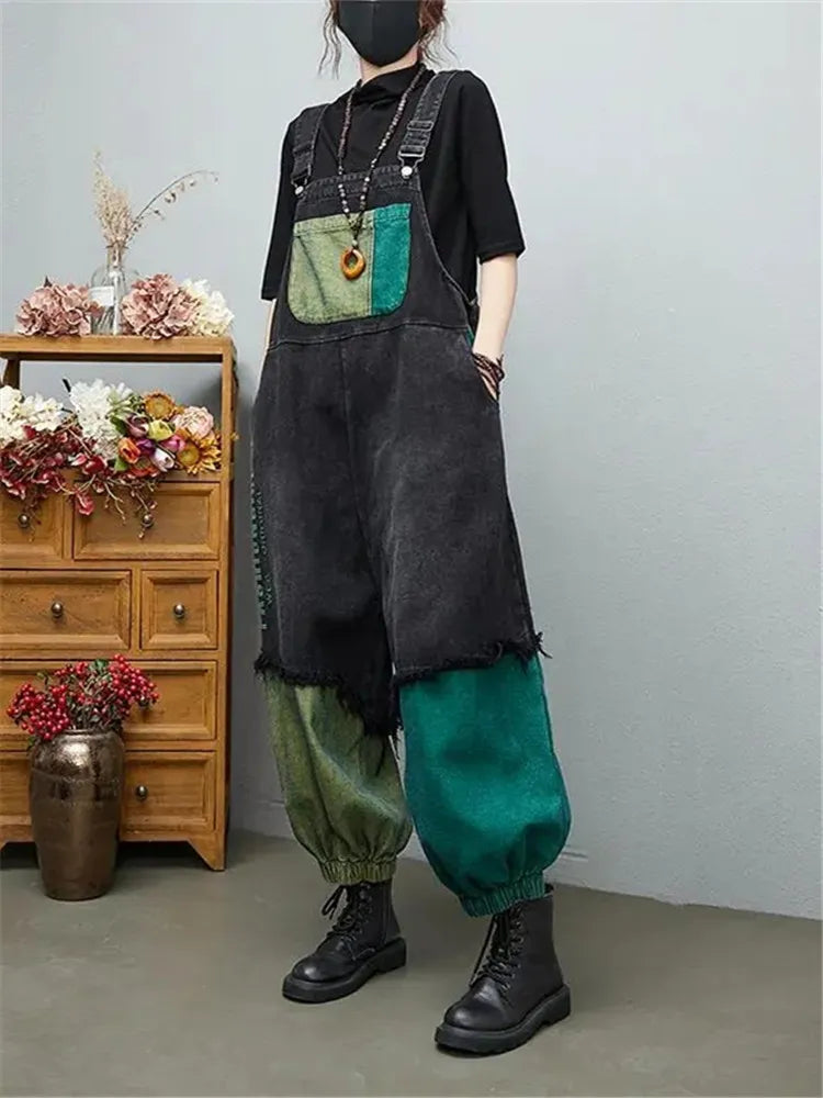 Women‘s Jumpsuits 2022 New Spring Summer Baggy Color Matching Cowboy Rompers Boyfriend Overalls Suspenders Jeans Monos Mujer