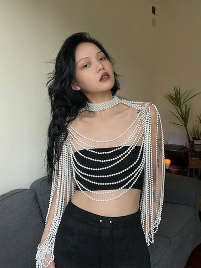 Women Pearl Tank Top Body Chain Jewelry Sexy Multilayer Pearl Tassel Long Sleeve Bra Chains Camisole Necklaces Collar Partywear