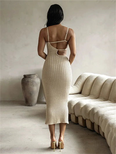 WJFZQM Fashion Spaghetti Strap Striped Asymmetrical Hollow Out Knitted Midi Dress Bodycon Backless Streetwear Dress 2023 Summer