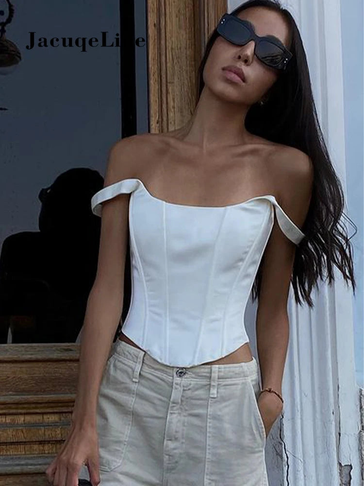 Jacqueline 2023 White Backless Bandage Corset Tops Women Sexy Square Neck Satin Bustier Tank Crop Top Elegant Party y2k Clothes