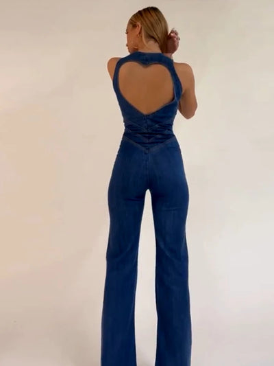 Weird Puss Denim Elegant Jumpsuit Women Zipper Heart Backless High Waist Straight-Leg Streetwear Trend Skinny Workout Overalls