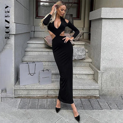 BoozRey 2023 Autumn Sexy Hollow Out  V Neck Plunge Long Sleeve Dress Outfits for Women Club Party Bodycon Maxi Dresses Vestido