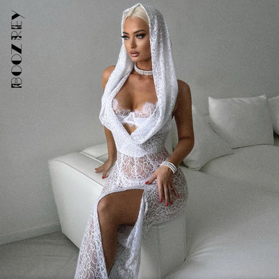 BoozRey Y2K Sexy Solid Hoodie Jumpsuits Women 2023 Summer Fashion Mesh Lace See Through Sleeveless Backless One Pieces Bodysuits