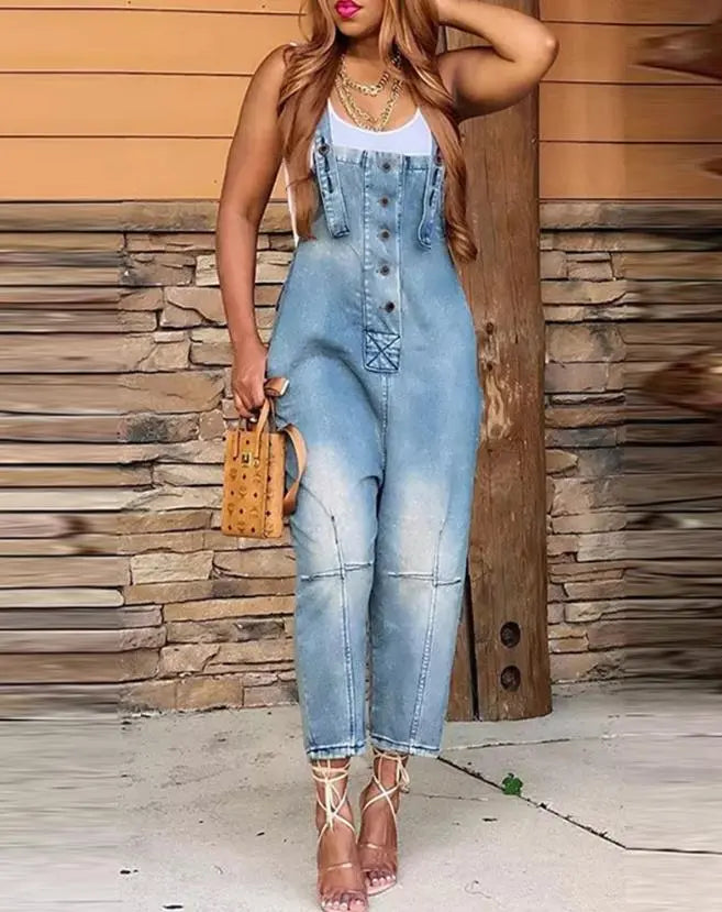 2023 Denim Jumpsuit Women's Overall Fashion Split Loose Wide Leg Pocket Button Slim Blue Suspenders Vintage Women's jumpsuit