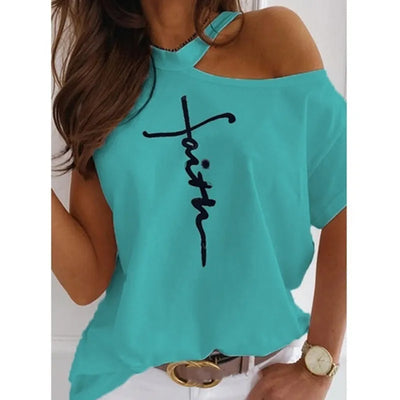 Printed T-shirt Women S-3XL Size Ladies One-shoulder Letter Tops Summer Loose and Cute T-shirt Fashion Top Women Strapless Sexy