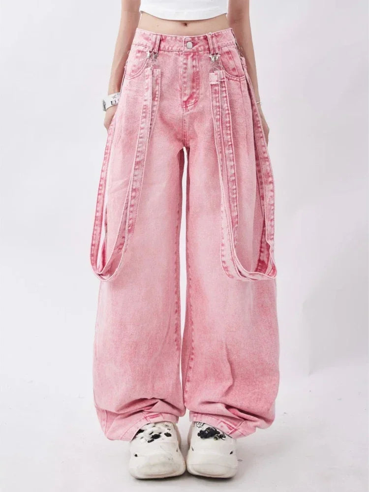 ADAgirl Pink Y2K Cargo Jeans Women Harajuku Oversize Vintage Belt Wide Leg Causal Denim Trousers Hip Hop Korean Straight Pants