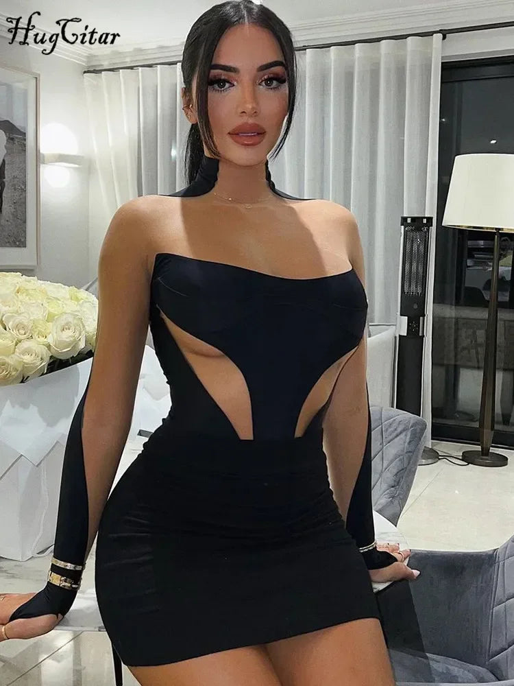 Hugcitar Women Fashion Long Sleeve Patchwork Mesh See Through Sexy Bodycon Mini Dress 2023 Winter Evening Party Club Y2K Clothes