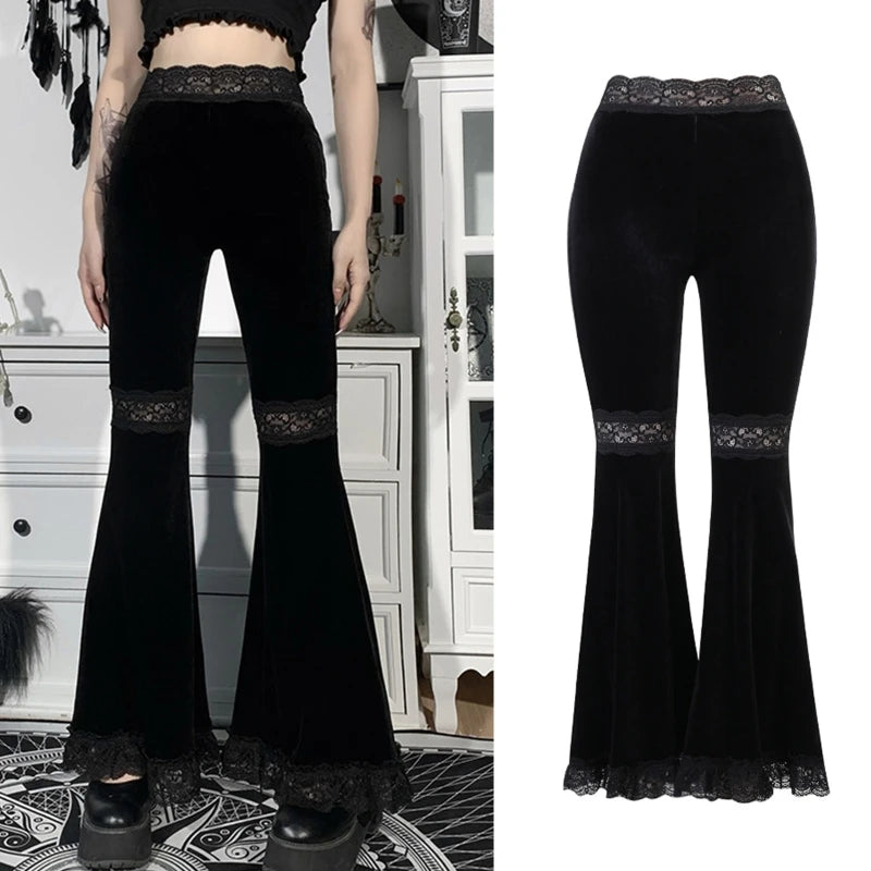 Women Gothic Punk Black Velvet Flare Pants Harajuku Sexy Hollow Out Lace Patchwork High Waist Skinny Vintage Gypsy Bell Bottom