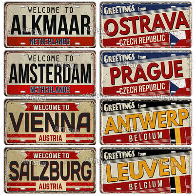 Artisian BELGIUM Netherland AUSTRIA POLAND CZECH Landmark License Plate Ctiy Metal Sign Decorative Vehicle Plate Wall Decor