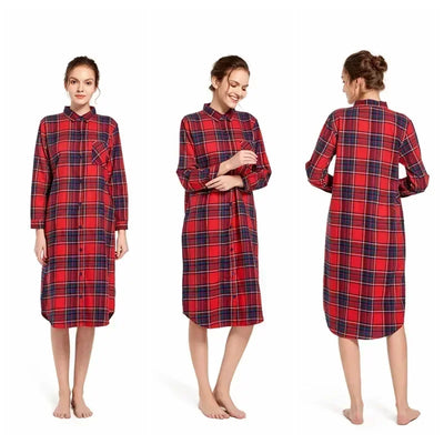 Long Sleeve Sleeping Shirt Nightwear Dress for Woman Plaid Multi Colors Plus Size Shirt Nightdress Cardigan Nighty for Ladies