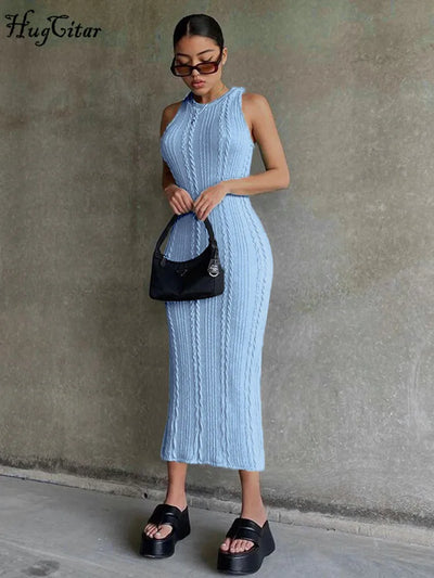 2023 Summer Women Streetwear Party Club Elegant Clothing Y2K Hugcitar Crochet Sleeveless O-Neck Bodycon Solid Sexy Sweater Dress