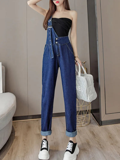 Single-shoulder Strap Jeans Jumpsuit Women Korean Fashion Pocket Blue Rompers Female Niche Demin Streetwear Overall Clothes Y2k