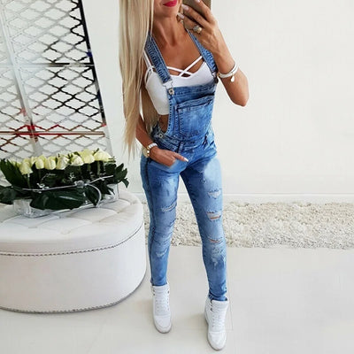 Women Jumpsuit Overalls Broken Hole Denim Jeans Fashion Long Female stretchy Pants Fashion Skinny Jumpsuit Casual Pants Woman