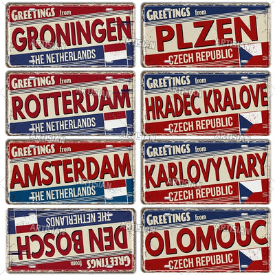 Artisian BELGIUM Netherland AUSTRIA POLAND CZECH Landmark License Plate Ctiy Metal Sign Decorative Vehicle Plate Wall Decor