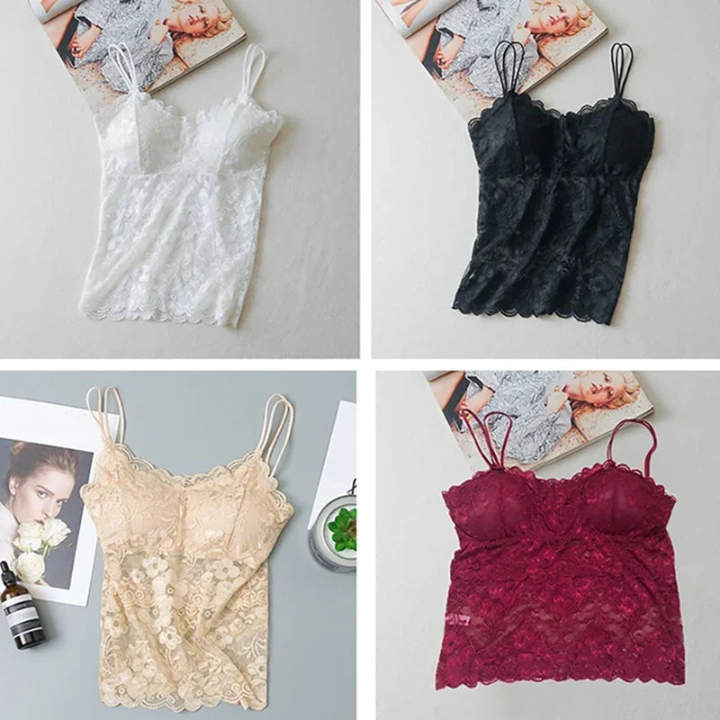 Floral Cami Padded Tank Top Women's Underwear Sexy Lace Bralette Crochet Flower Vest Camisole