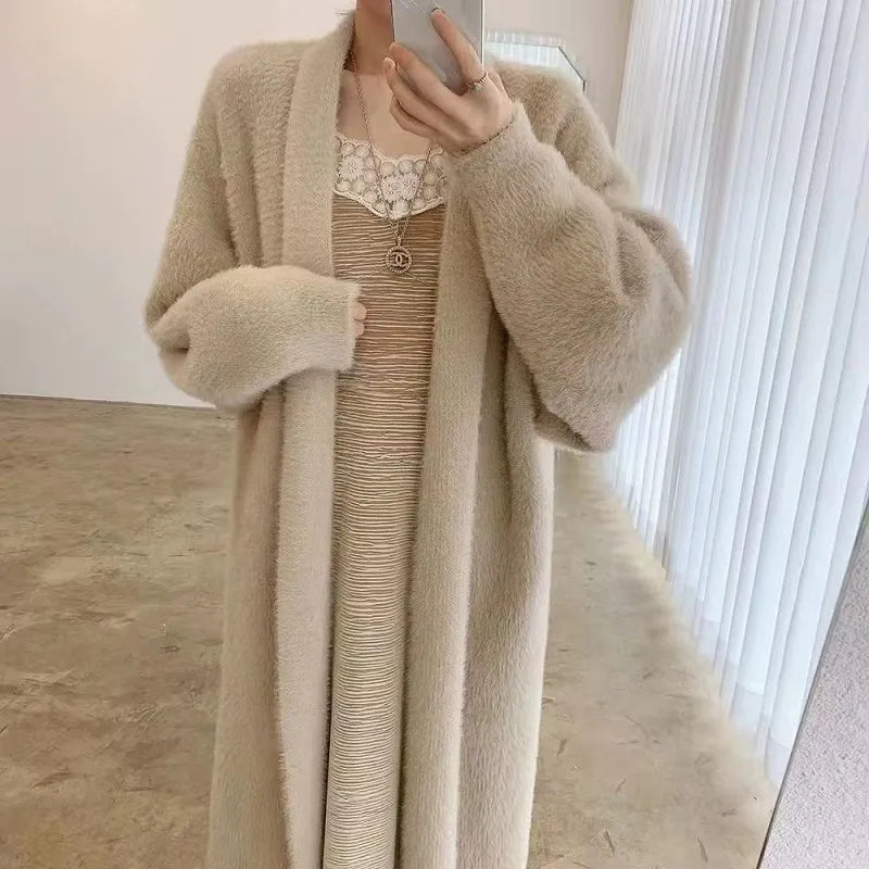 white Long Cardigan for women 2023 winter clothes Knitted fluffy long sleeve Cashmere sweater coat clotkorean style warm vintage