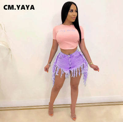 CM.YAYA Women Summer Short Jeans Tassel High Waist Casual Zipper Fly Jeans Street Night Club Denim Shorts Skinny 2022