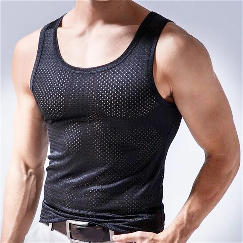 Men Tops Ice Silk Vest Outer Wear Quick-Drying Mesh Hole Breathable Sleeveless T-Shirts Summer Cool Vest Beach Travel Tanks