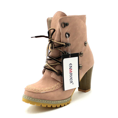 ENMAYER New Stylish High Qulity Ankle Boots for Women Brown Pink Light Green Women Boots Shoes Women Round Toe Winter Boots