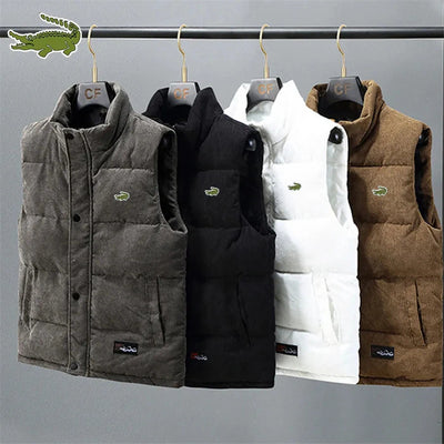 2024 New Vest Jacket Men's Autumn Winter Warm Sleeveless Coat Stand Collar Padded Waistcoat Corduroy Work Wear Male Clothes 5XL