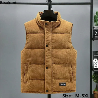 2024 Men's Thick Warm Vest Autumn Winter Cotton Padded Sleeveless Jacket Men Casual Stand Collar Oversized Waistcoat Vests Male