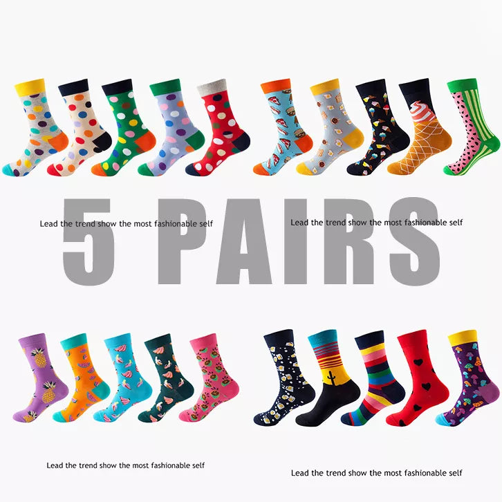 5 Pairs/Pack Couples Happy Socks Cotton EU 37-43 Men Funny Cartoon Fruits Flowers Animals Basketball Streetwear Harajuku Socks