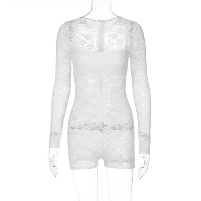 BKLD Streetwear New Summer Women Clothing Sexy White Lace See-Through Long Sleeve Slim Fit Shorts Solid Color Romper For Women