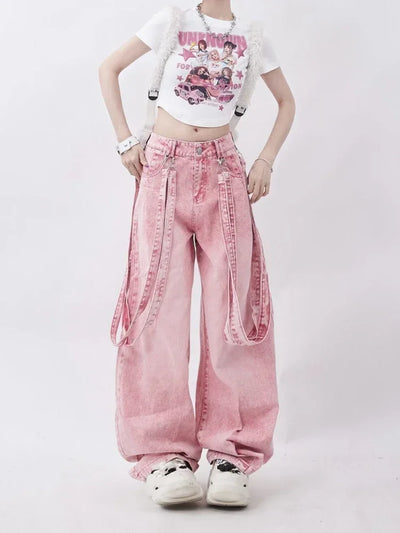 ADAgirl Pink Y2K Cargo Jeans Women Harajuku Oversize Vintage Belt Wide Leg Causal Denim Trousers Hip Hop Korean Straight Pants