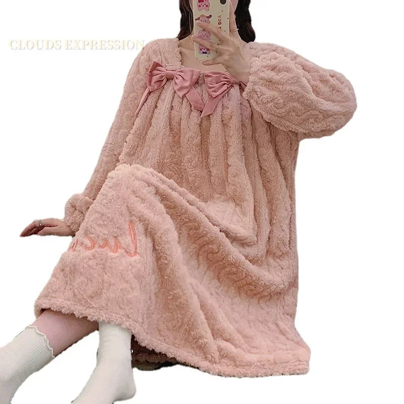 Winter 4XL Warm Velvet Plush Nightdress Kawaii Girls Sleeping Dress Women's Nightgowns Nighttie Ladies Sleepshirts Home Skirts