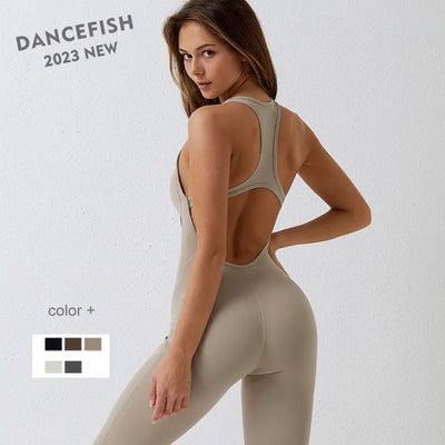 DANCEFISH 2023 New Beautiful Back Sleeveless Long Pants Sets Elegance U Collar Dancewear Workout Gym Aerial Yoga Jumpsuits