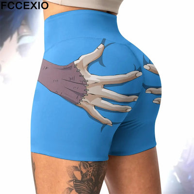 FCCEXIO Summer Finger Bone Printing Women's Sexy Short Leggings High Waist Running Tight Fitness Hot-Ass Workout Yoga Pants