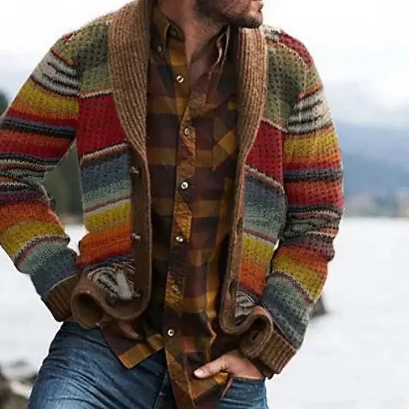 Vintage Sweater Men's Knitwear Autumn Color Block Rainbow Striped Sweater Tops Men Cardigans 2022 Fall Casual Knitted Cardigan