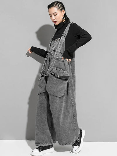 [EAM] High Waist Black Pocket c Denim Overalls Trousers New Loose Fit Pants Women Fashion Tide Spring Autumn 2023 1K164